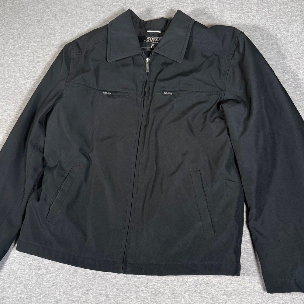 Guess Men's XL Black Polyester Windbreaker Zip Front Jacket with Pocket Zippers